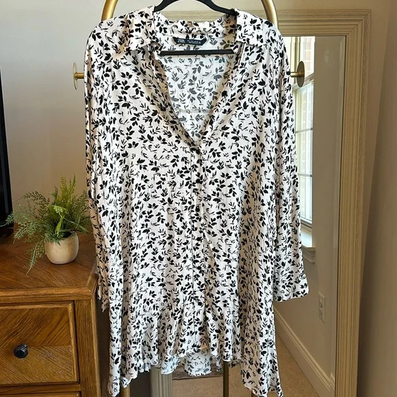 ZARA black & ivory print long sleeve mini dress (size large) ✨ - Picture 1 of 4